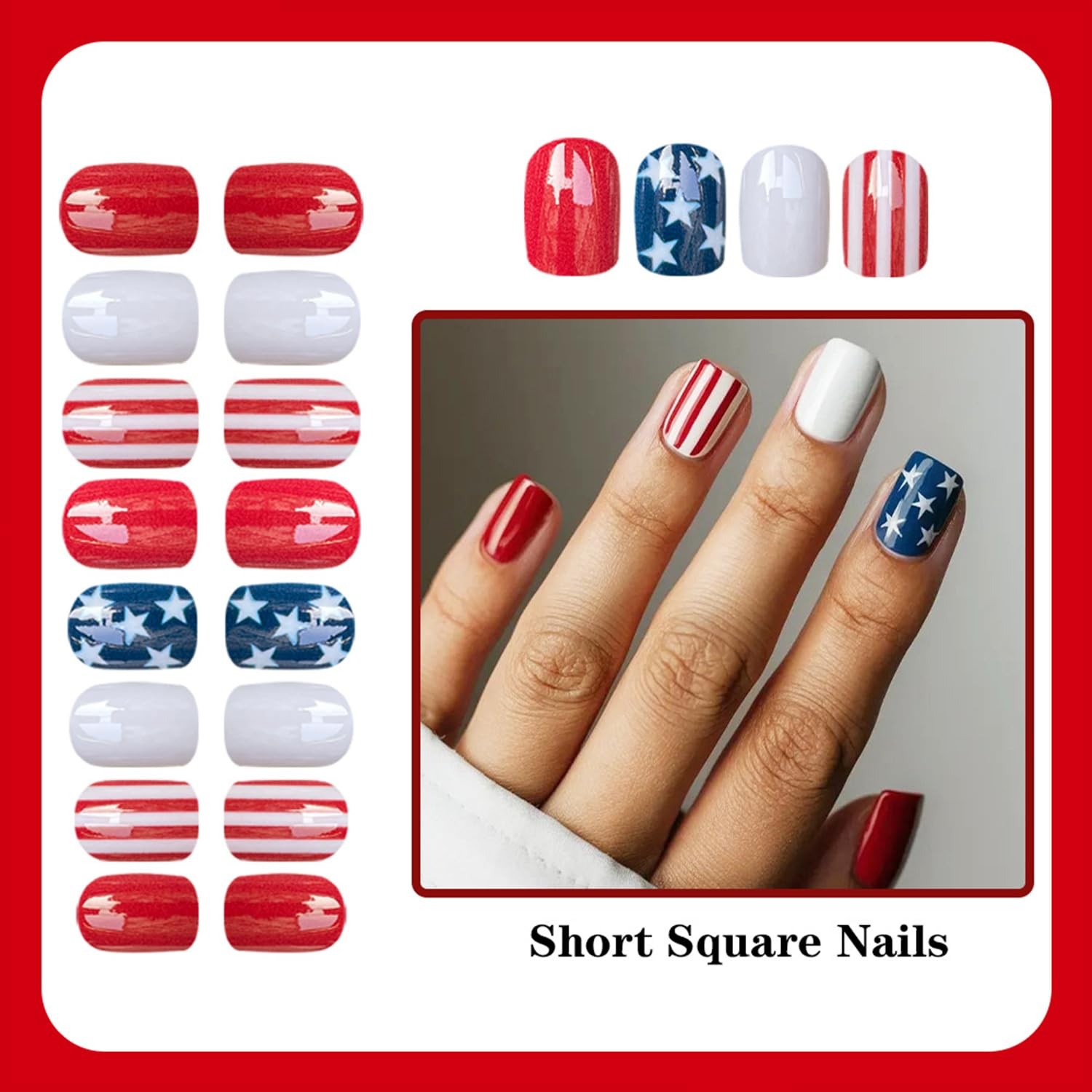 4th of July Press On Nails – Short Square Fake Nails – Patriotic Indep Nails – 7