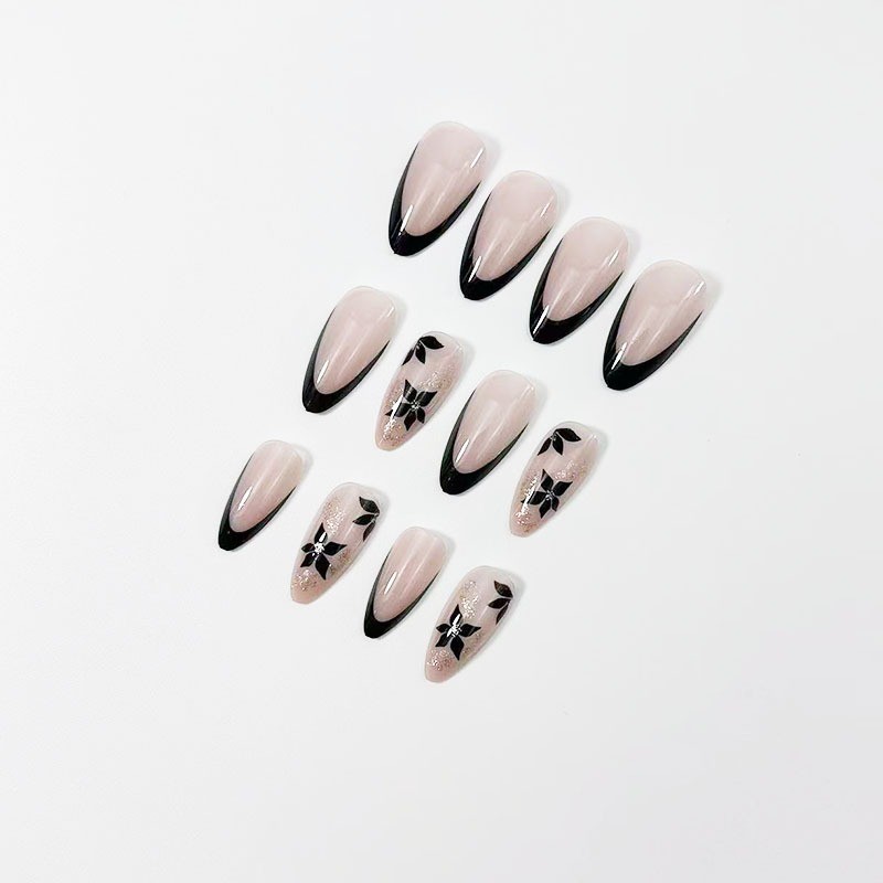 48PCS Long Almond Nail Press Reusable Bare Powder Ribbon Black Flower Fake Nails