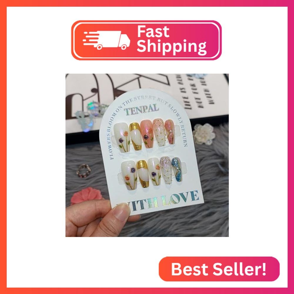 TENPAL 10Pcs Handmade Press on Nails Medium with Kit,Hand-Painted Tulip 3D Champ