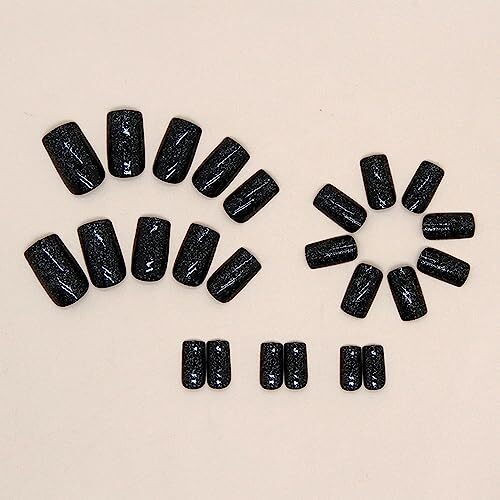 Black Press on Nails Medium Square Fake Nails Glossy False Black With Glitter