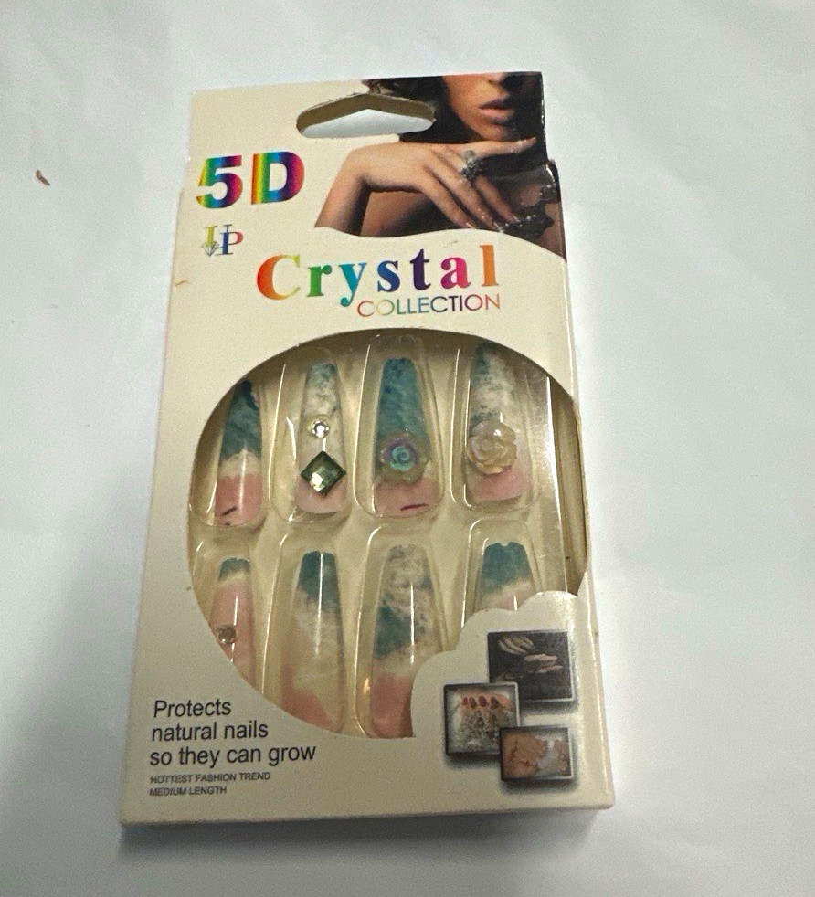 Crystal 3D Pre-Designed Press-On Nails Medium Coffin Pink Blue White Flowers