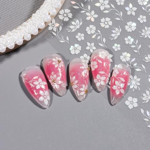 White Flower Nail Stickers – 3D Self-Adhesive Shiny Crystal Floral Pearly White