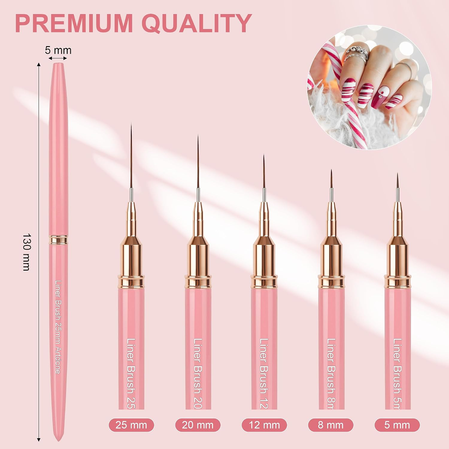 Metallic Nail Art Pens, Liner Brushes Set, 5PCS Pink Nail Tools | for Long Lines