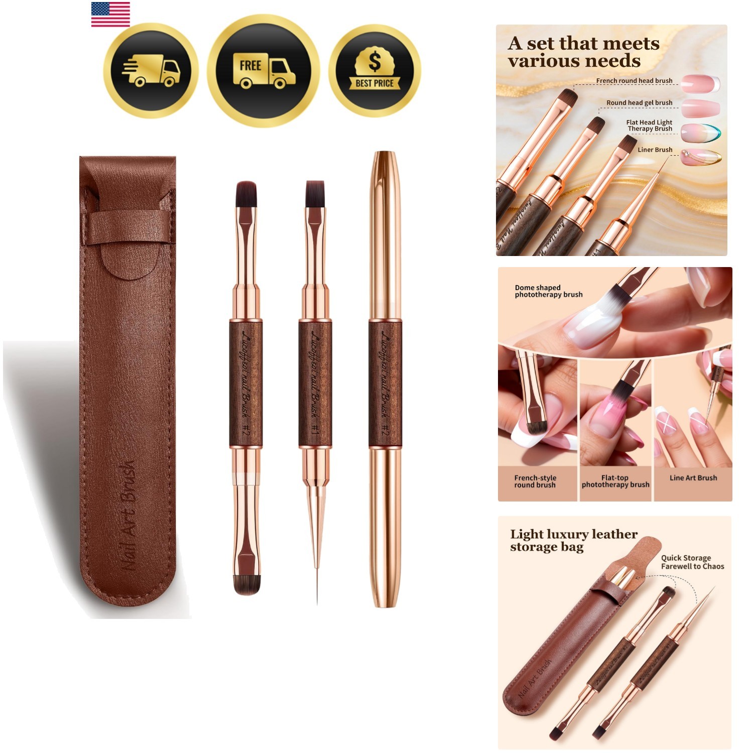 Nail Brushes Set for Builder Gel & Polygel, 2-Pack Double-Ended with Wooden H…