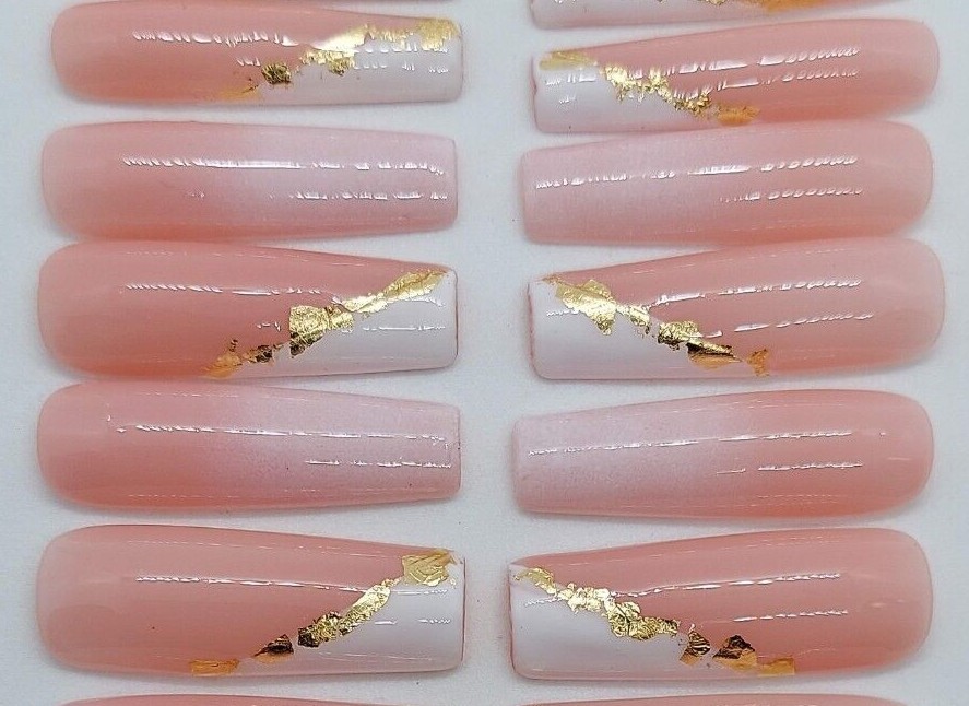 White Slanted French Gold Nude Wedding Elegant Ombre Special Event Press on Nail
