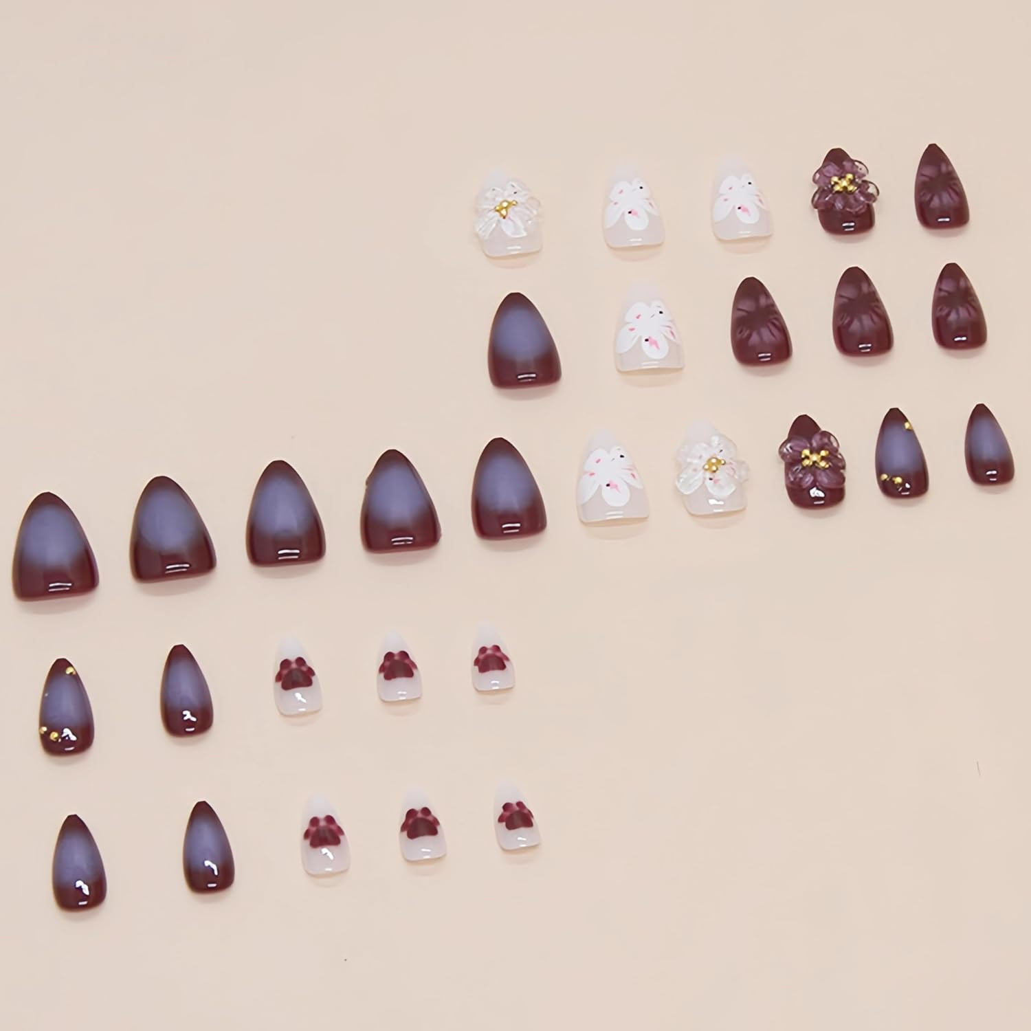 30Pcs Purple Flowers Press on Nails Medium Almond Fake Nails 3D Flower False Nai