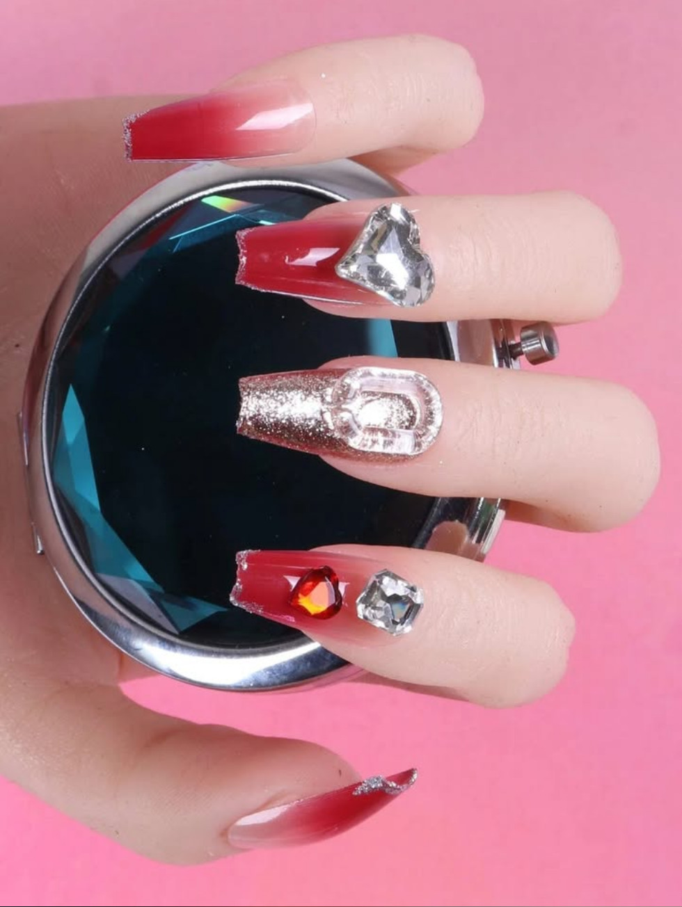 Red Heart Rhinestones Gems Long Press On Nails NEW Valentine’s Day Winter Style