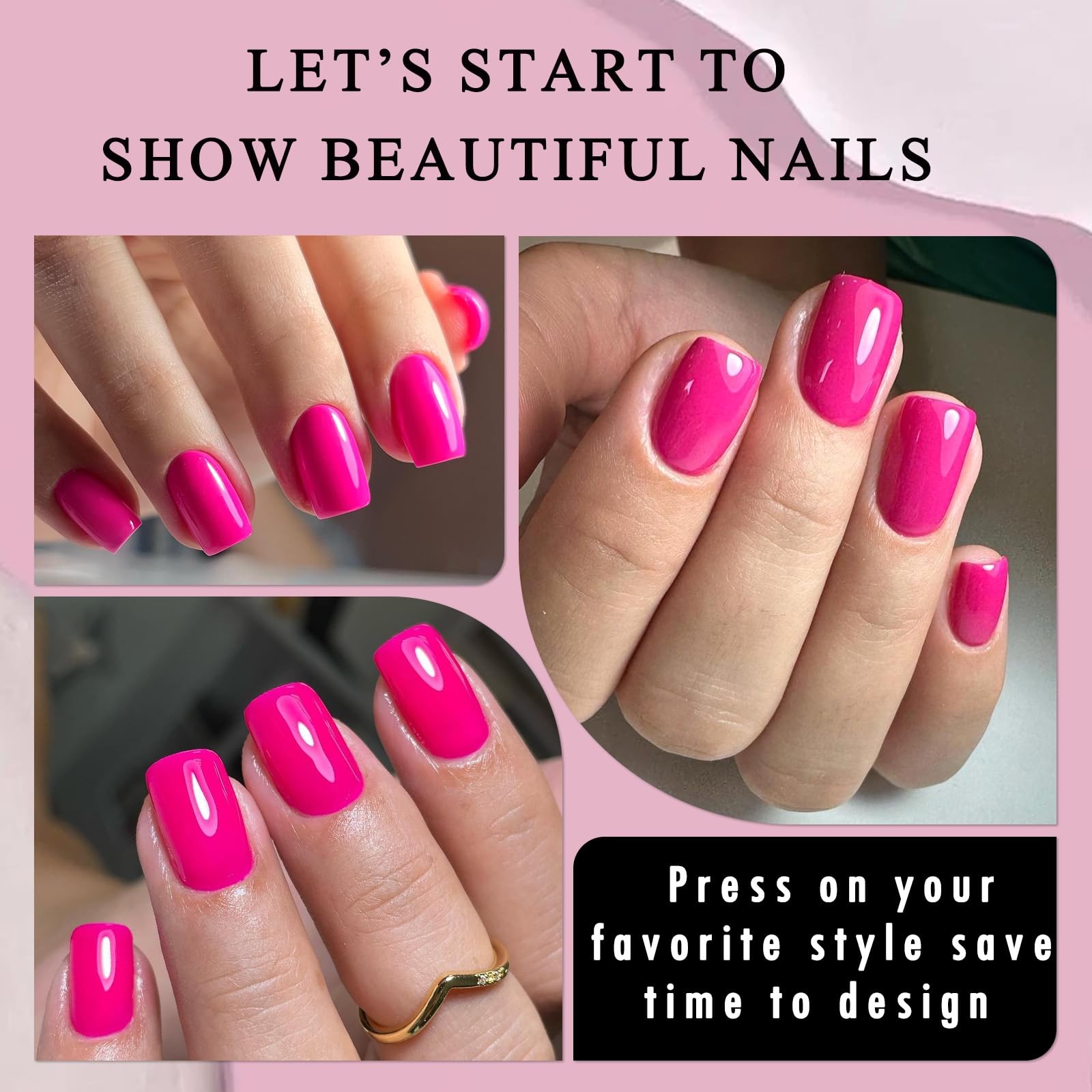 Bellelfin Square Press on Nails Short, 120Pcs Glossy Hot Pink