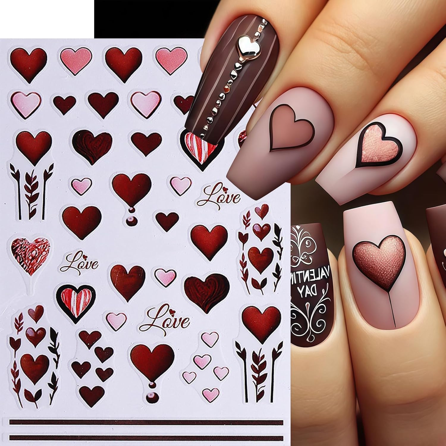 6 Pcs Valentines Day Nail Art Stickers Decals 3D Self-Adhesive Red Rose Love Flo