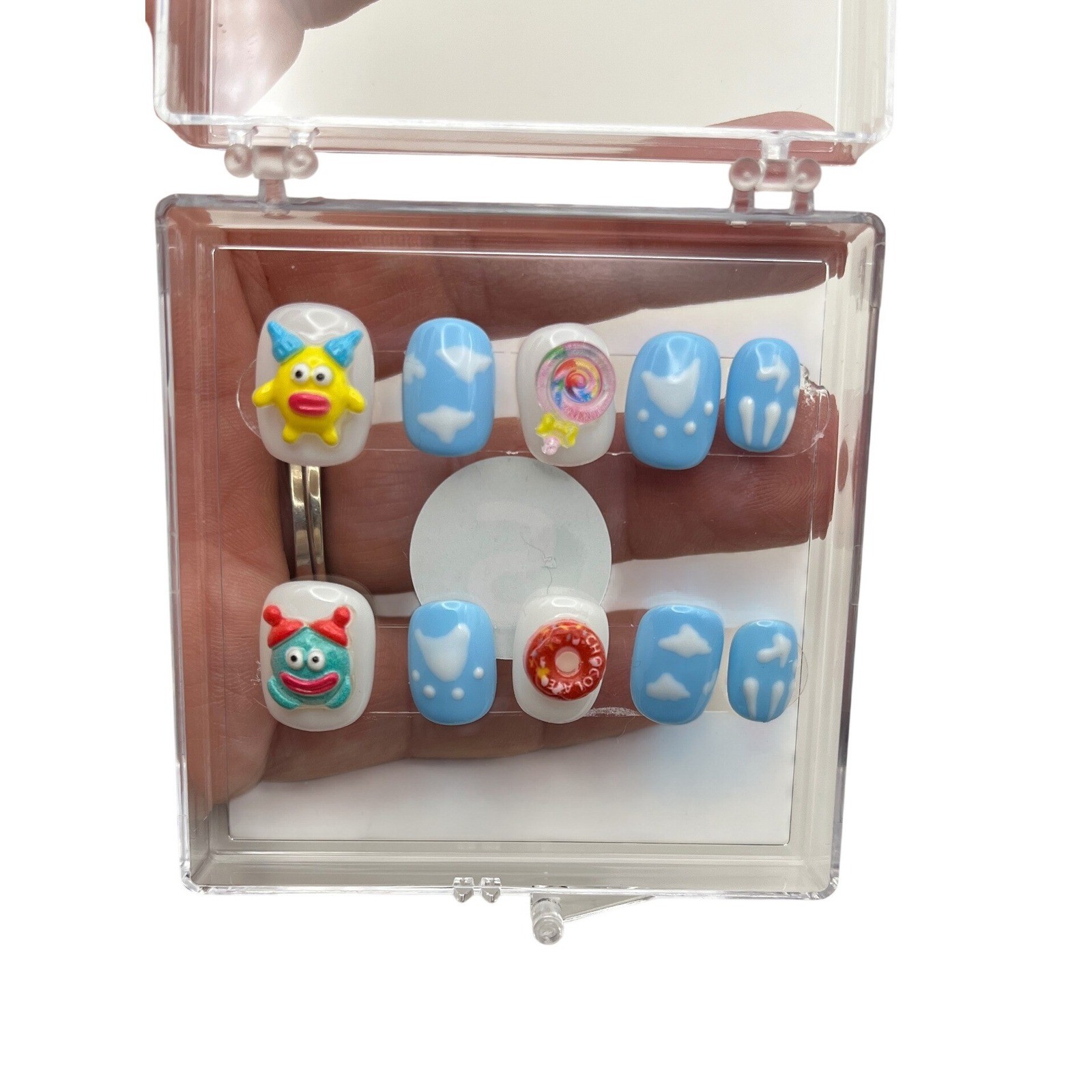 Handmade Acrylic Press On Nails Women S Blue White 3D Monster Lollipop Donut