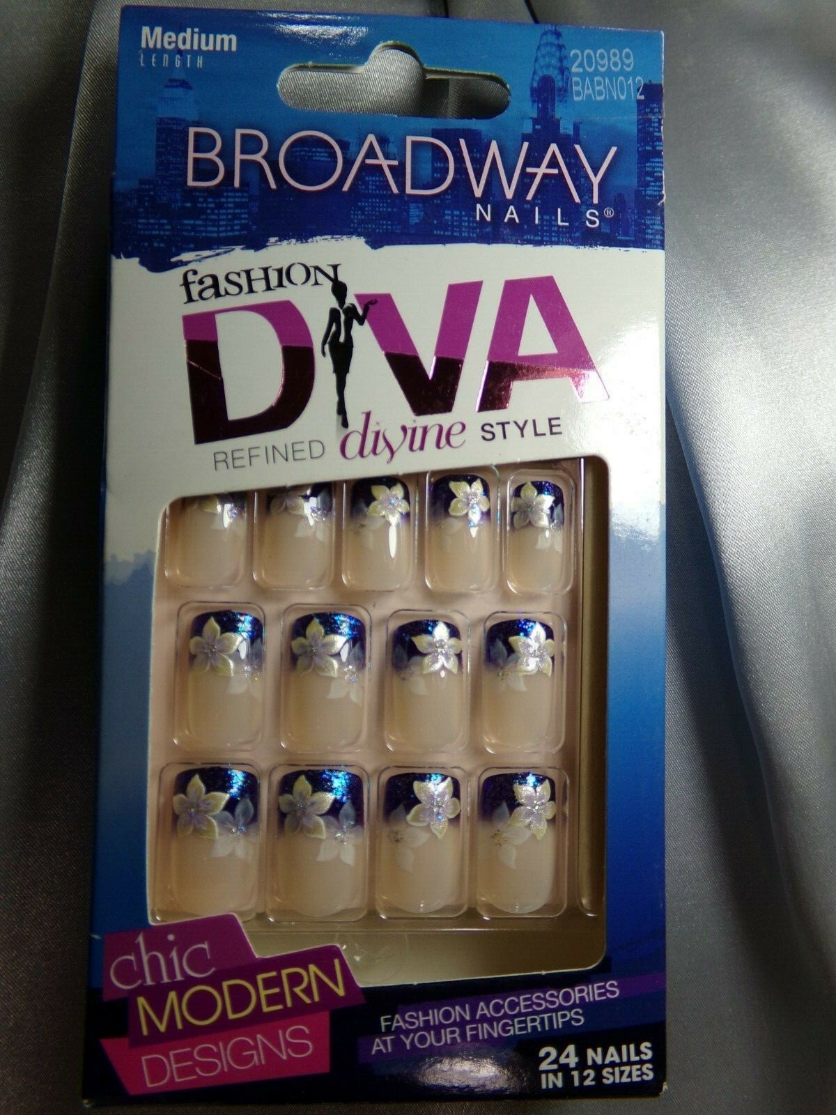 Broadway for Kiss Flower Blue Tip Glitter Artificial Nail Glue On Medium