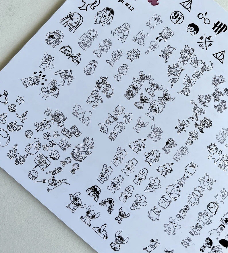 Cartoon nail art practice sheet reusable mat decal sticker template Planilha