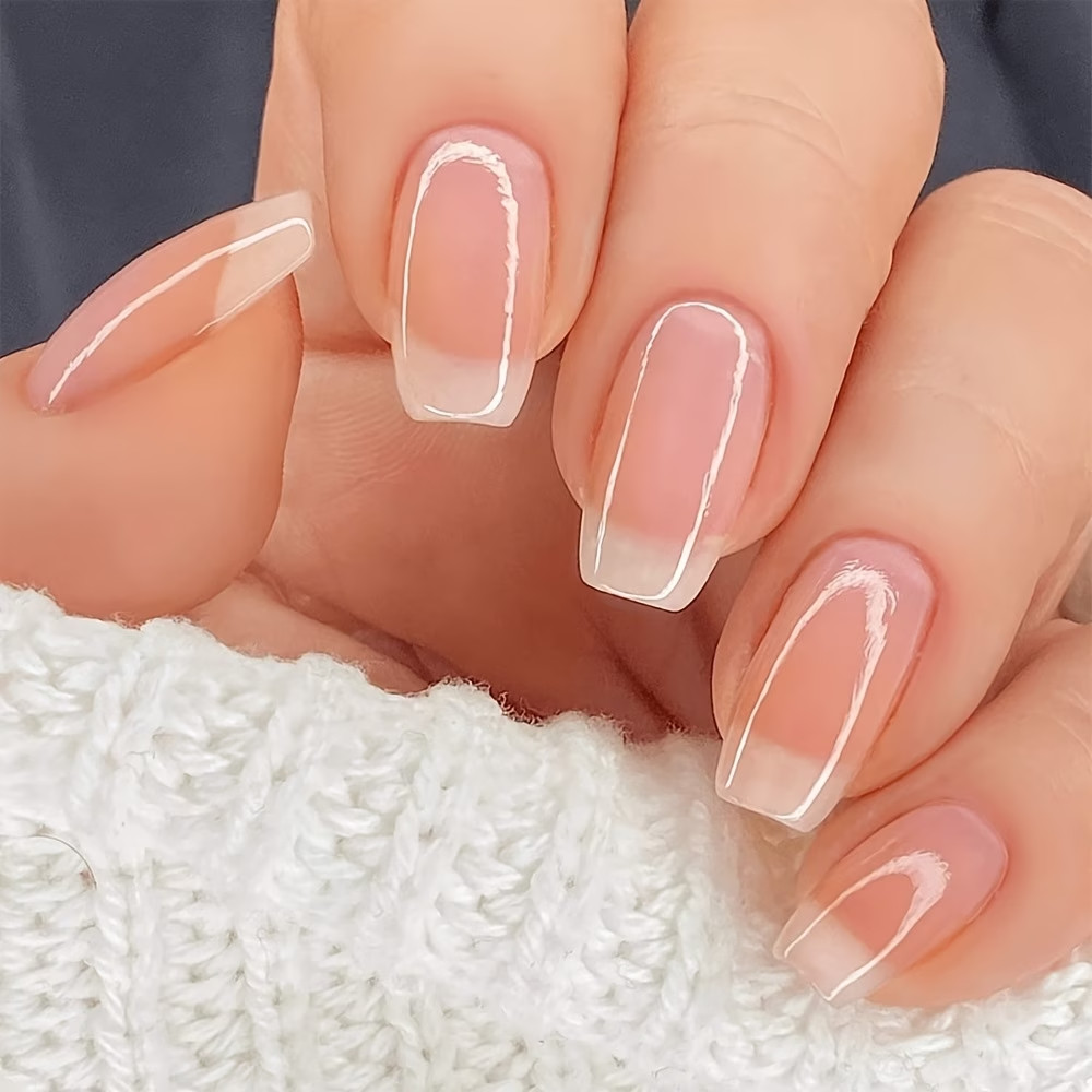 24pcs Short-T On Nails Pink Gradient French Style Fake Nails Glossy Artificial