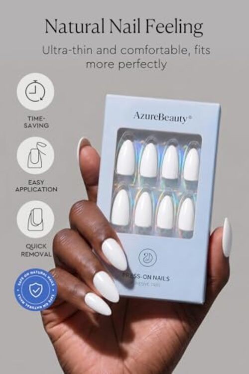 Press On Nails – Short Almond Soft Gel False Nails, Glossy Finish, Reusable