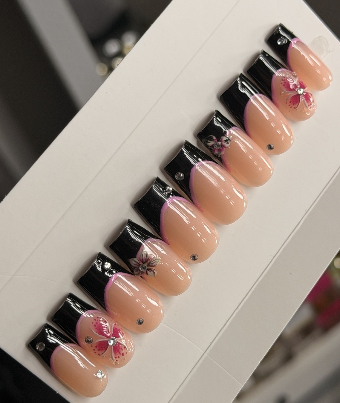 🌸 CUSTOM Press On Nails FRENCH BLACK Flower PINK 10p SET W Kit