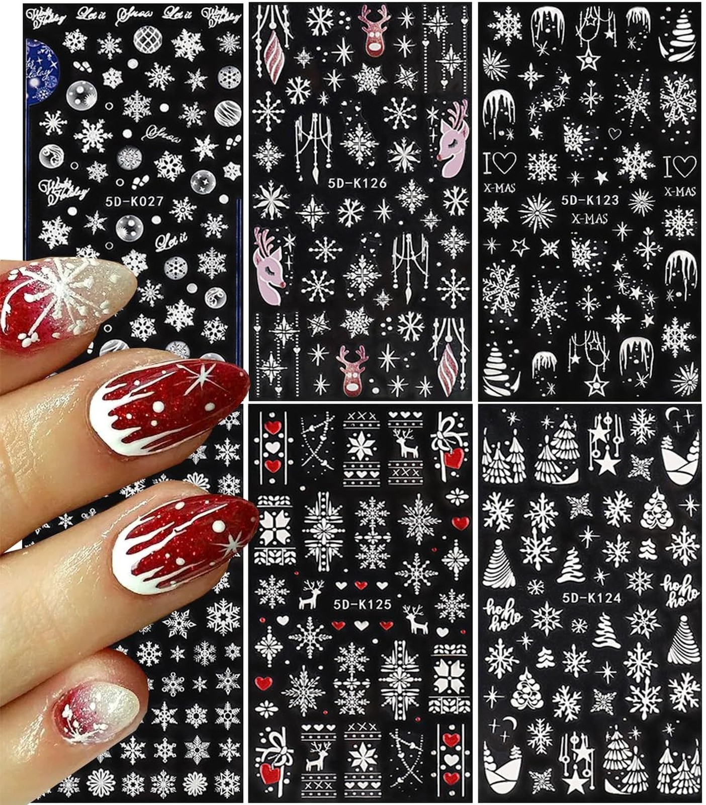 5D Embossed White Snowflake Nail Art Stickers,6 Sheets Engraved Snowflakes Na…