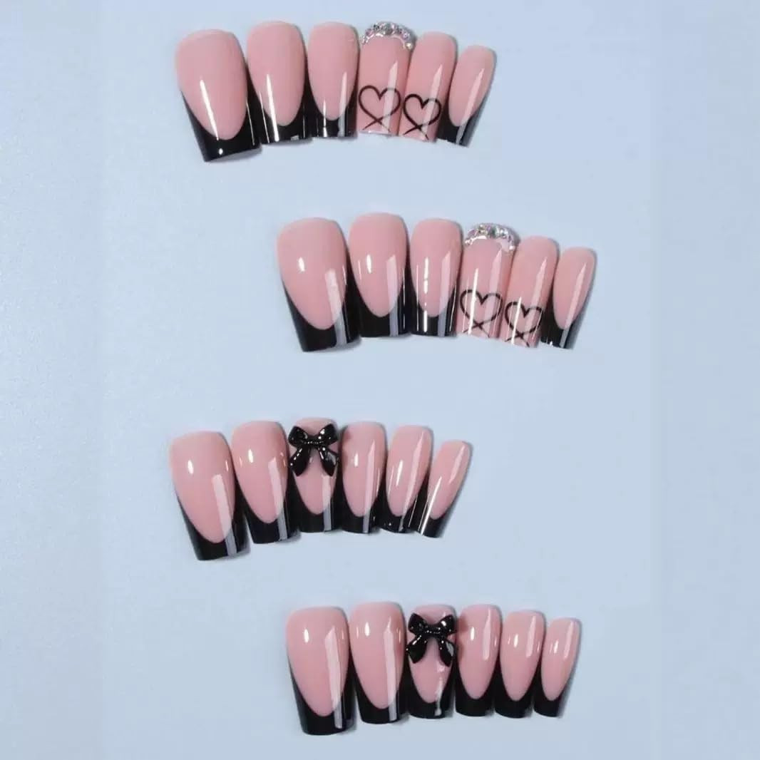 Medium Press on Nails Coffin – Black French Tip Fake Nails with Bow Charms Desig
