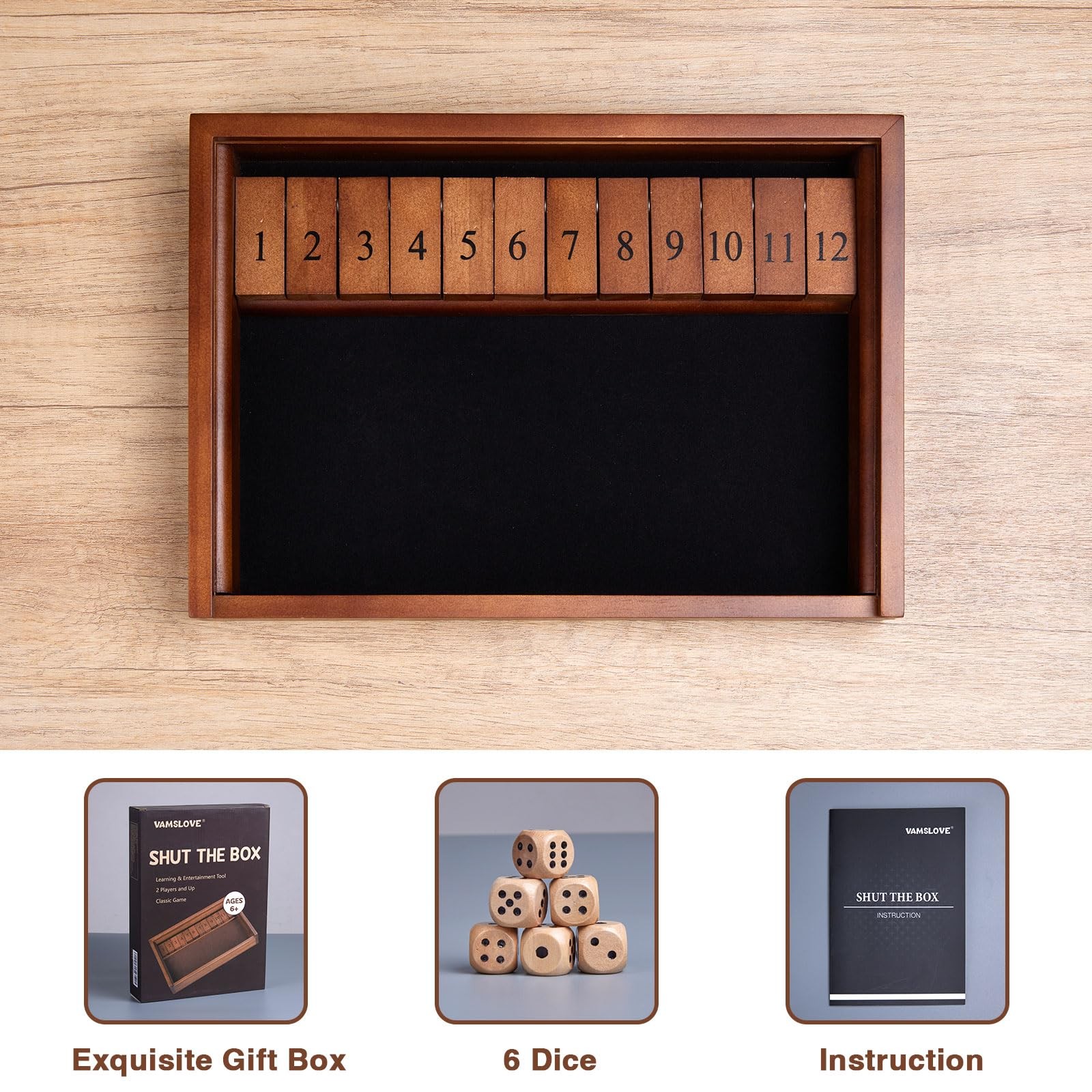 VAMSLOVE Shut The Box Dice Game Wooden Board Table 11.8*8.6*1.9 inches, Brown