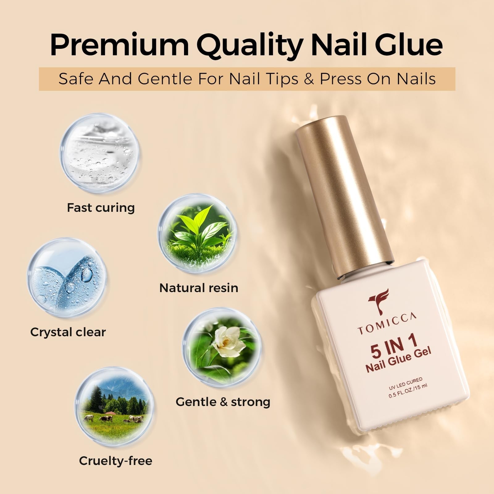 5-in-1 Gel Nail Glue for Acrylic Tips – 2x15ml Brush-On UV Adhesive, Long Lastin