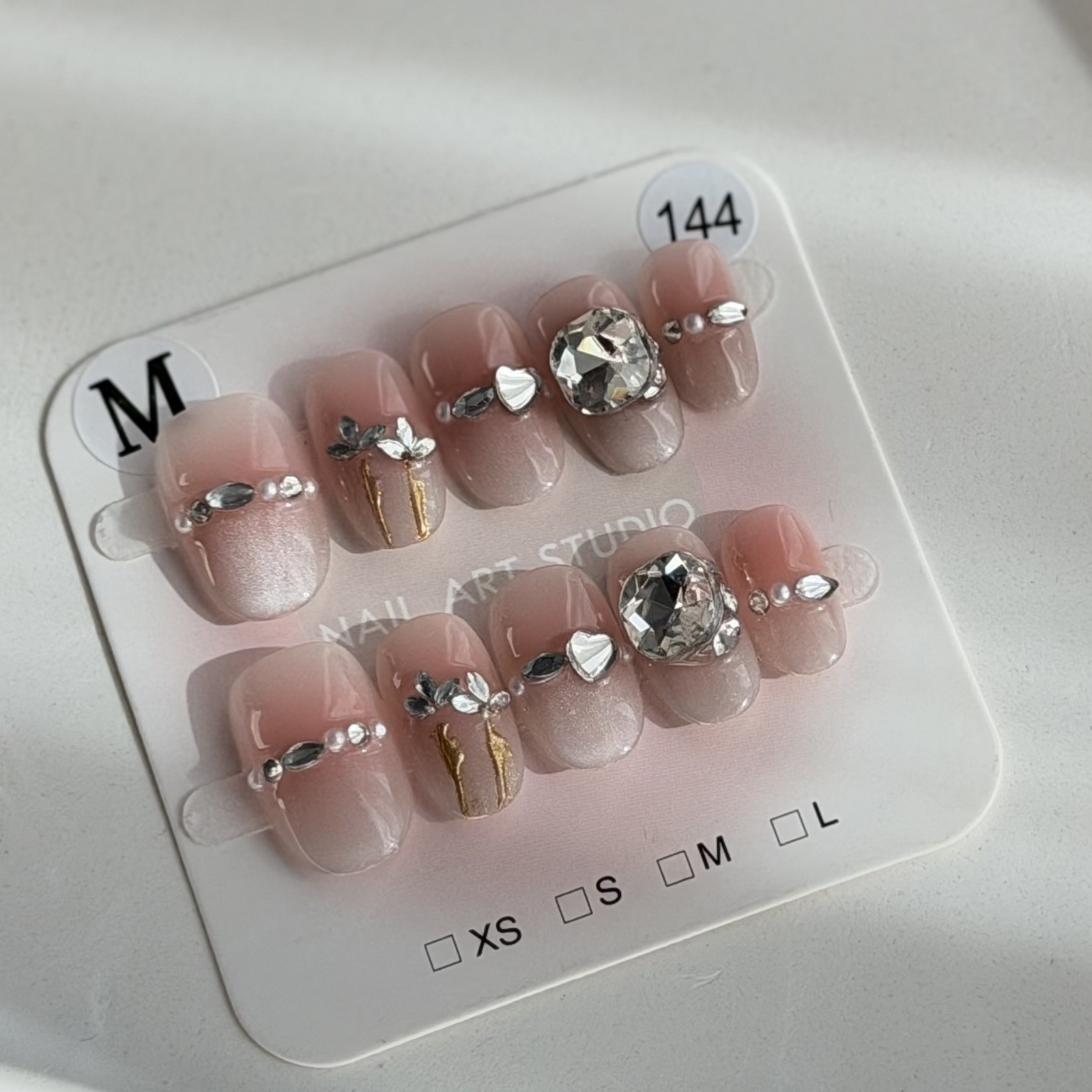 Handmade Pink Nude Flower Rhinestone Short Oval Press-On Nails Size M Reusable