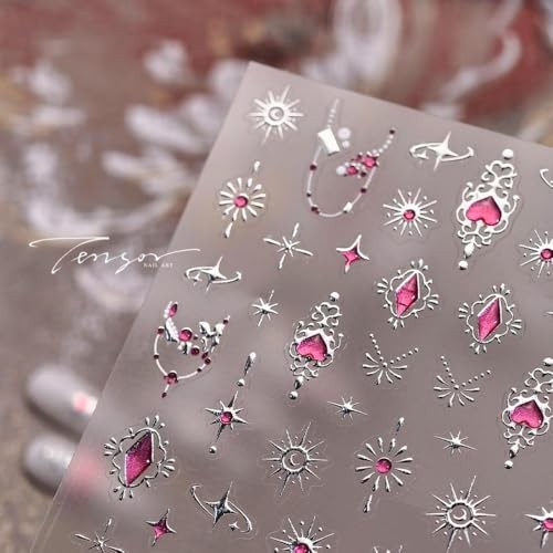 Silver Star Nail Stickers 3D Self-Adhesive Hot Pink Heart Nail Color 029