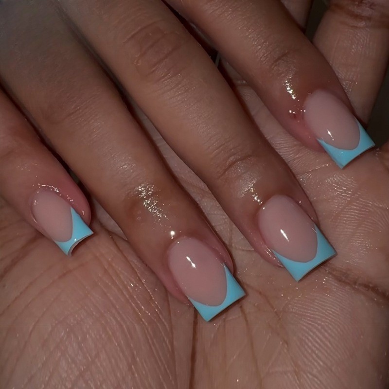 48pcs-Nude Pink & Light Blue French Press on Nails, Short Square Glossy Finish