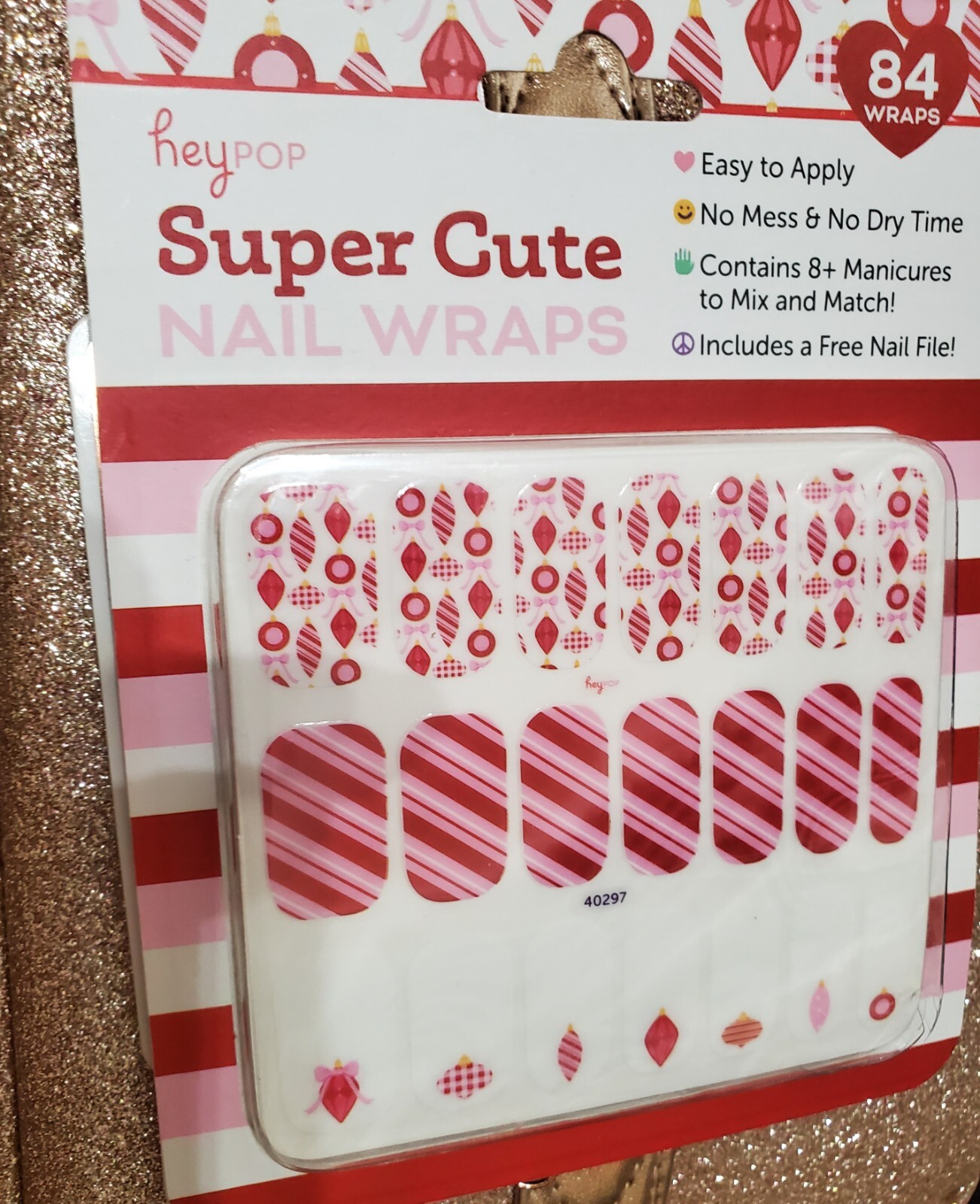 heypop 84 Nail Wraps ~ Holiday Ornaments & Candy Cane Stripes ~ BNIB
