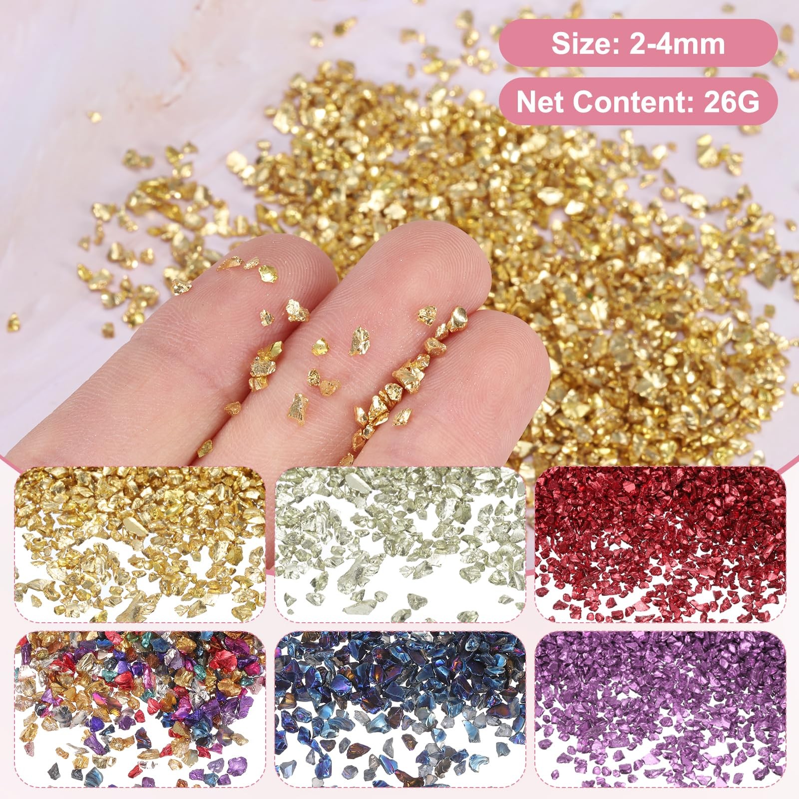 MECCANIXITY 26g Crushed Glass for Crafts, 2-4mm Metallic Irregular Glass Chip…