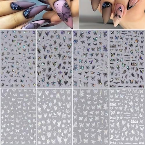 8 Sheets Aurora Butterfly Nail Art Stickers Decals 3D Hollow-Out Self Q3