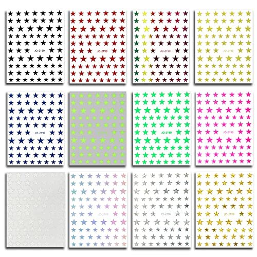 12 Colors Stars Nail Art Stickers, Laser Gold Silver Red Five-Pointed Star