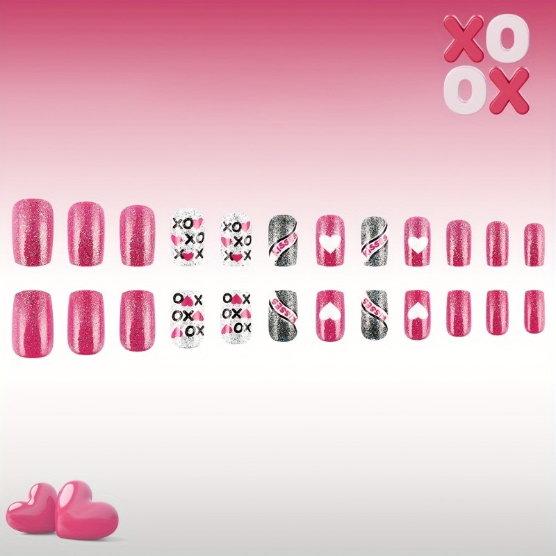 48 Pieces of Short, Sparkling, Wearable Nail Art, Shiny Pink Fake Nail Art