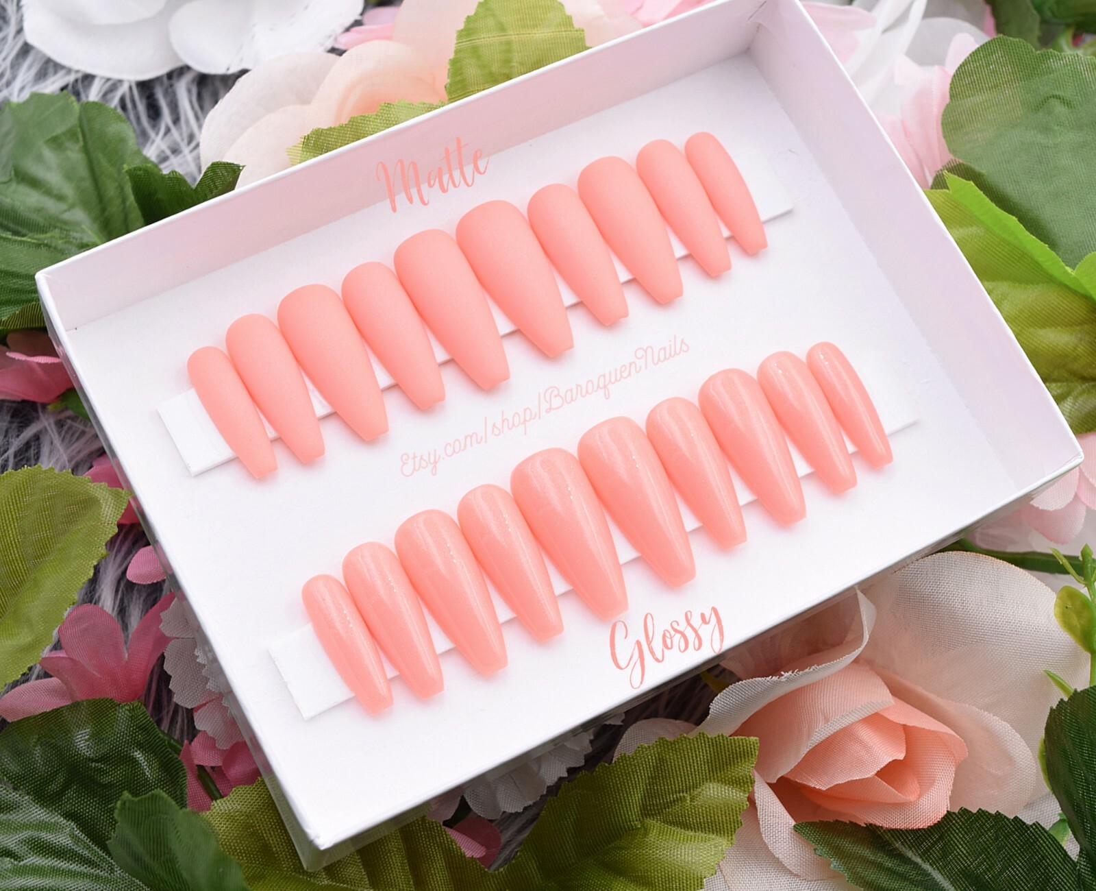 Sparkle Peachy Pink Press On Nails Coral Nails | Gel Fake Nails Acrylic Nails