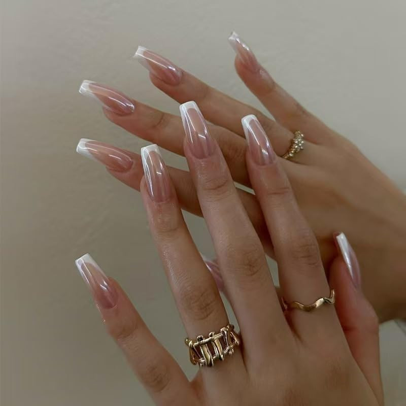 French Tip Press on Nails Square Medium Fake Nails Chrome Mirror Acrylic Nails P