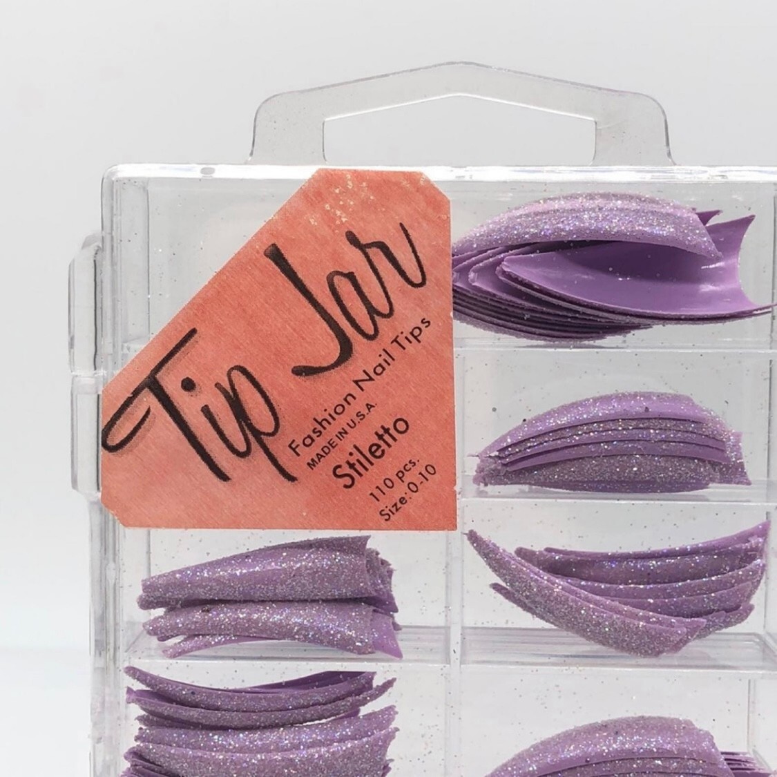 Brand New Tip Jar Fake Nail Tips – Purple Stiletto with Glitter (#228)