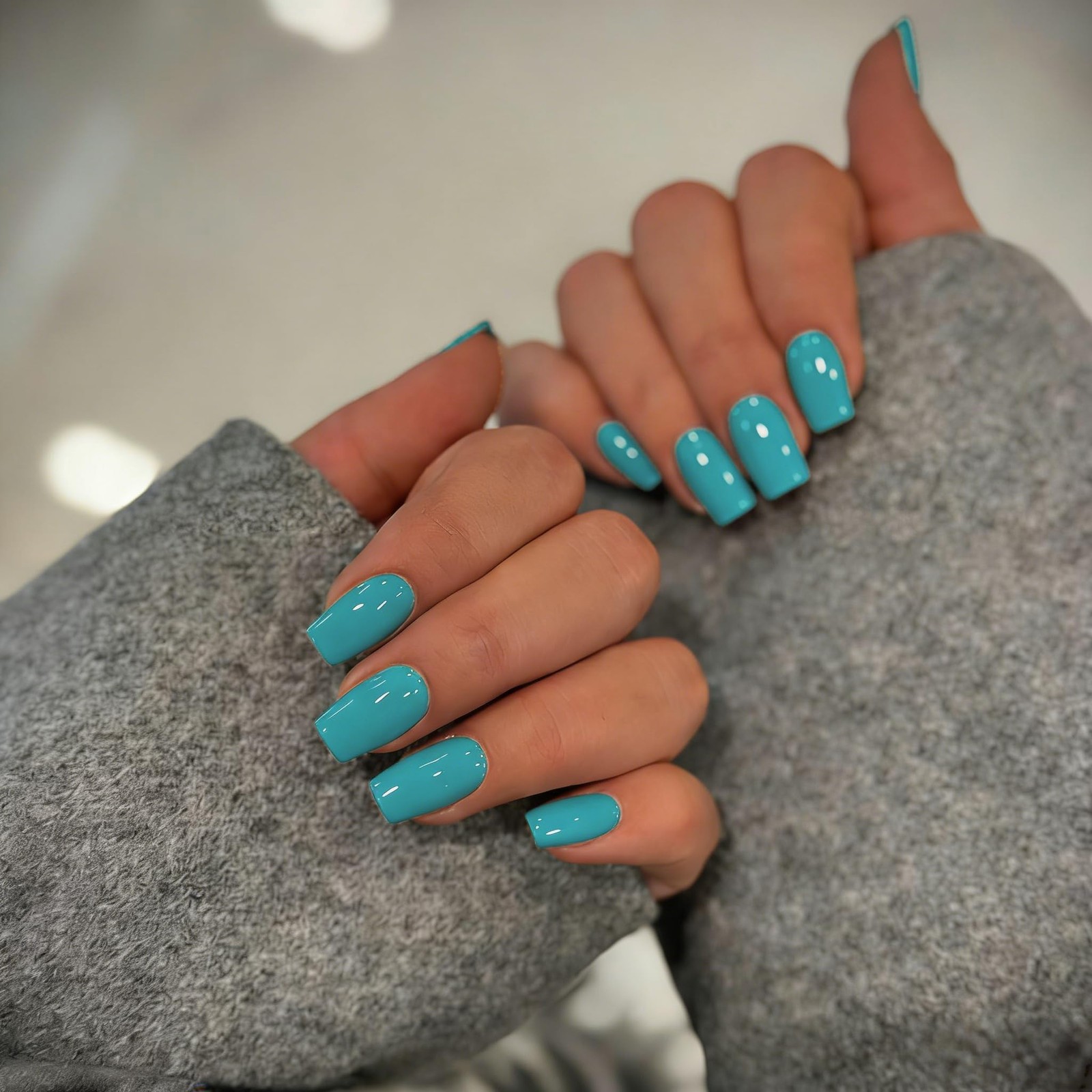 Teal Blue Press on Nails Medium Square, Soft Gel Fake Nails Short teal blue