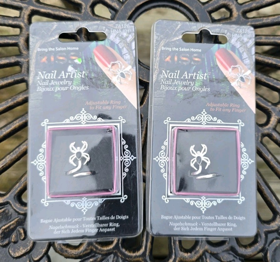 NIP KISS NAIL ARTIST NAIL JEWELRY ADJUSTABLE SPIDER RING LOT of 2