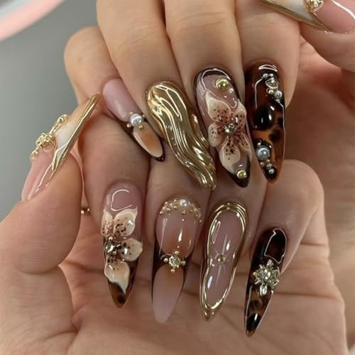 Handmade Press On Nails Almond Medium Long 3D Fake Nails with Charms style01