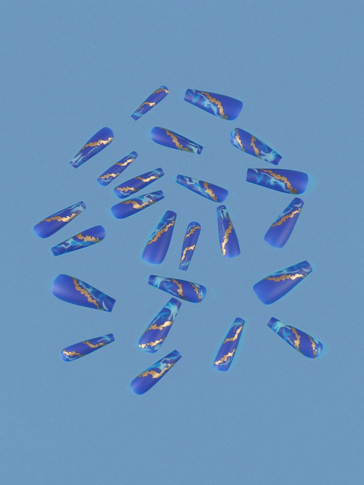 24pcs Long Coffin Abstract Blue Marbled Pattern Fake Nail Press On Nails False