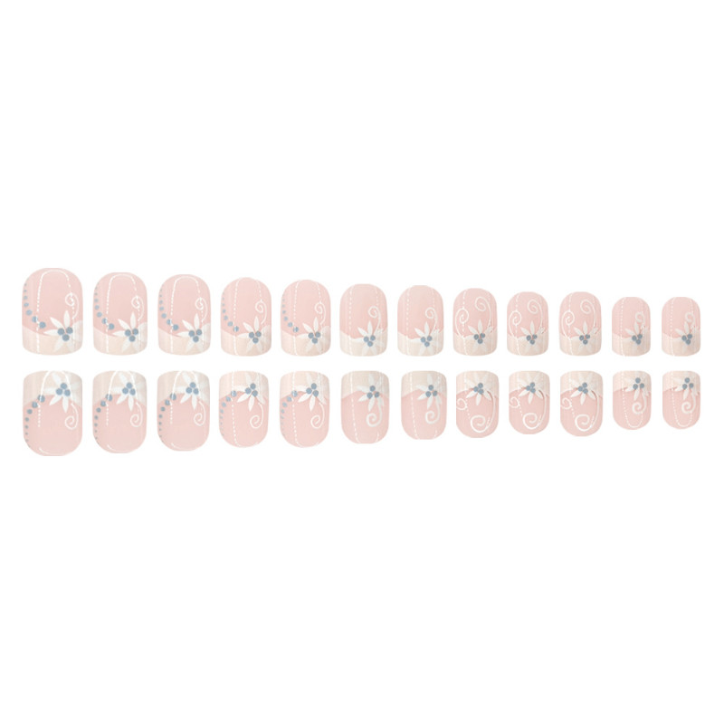 47Pcs-Short Square Nude White French White Floral Swirl Dot Fake Press on Nails