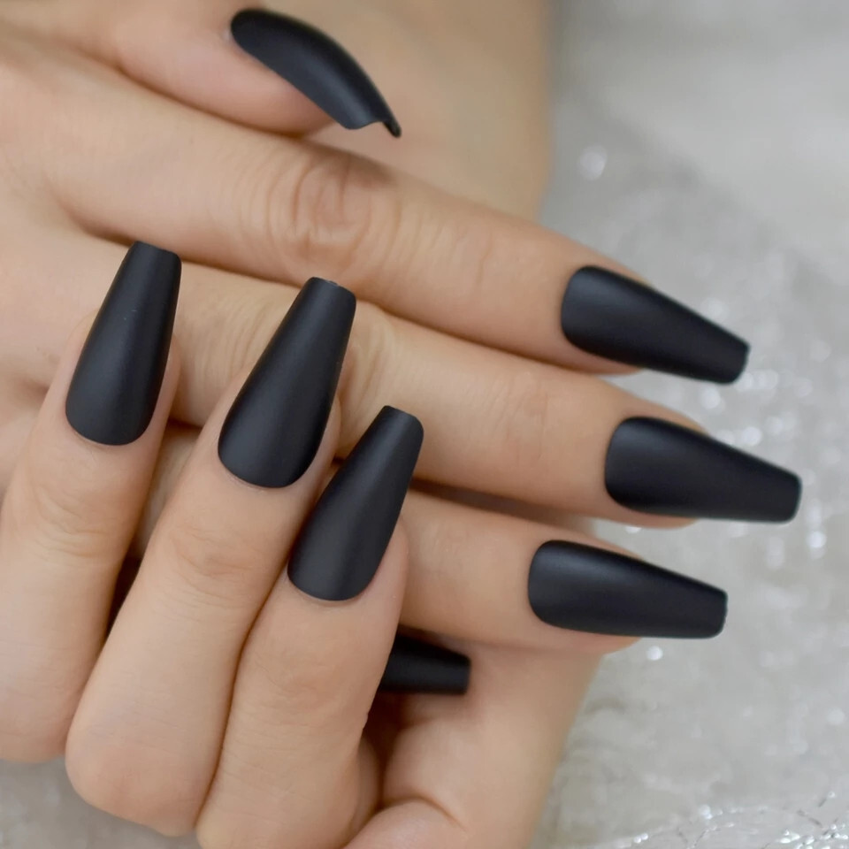 24 Press on nails kit w glue Long Coffin Matte black edgy goth