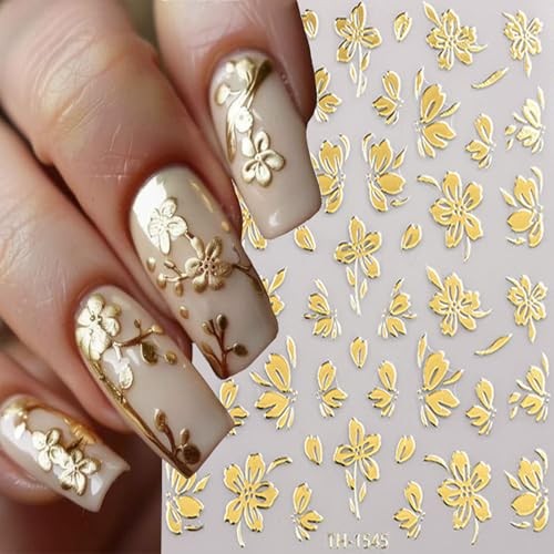 6 Sheets Gold Nail Art Stickers 3D Self -Adhesive Golden Gold Flower Leaves