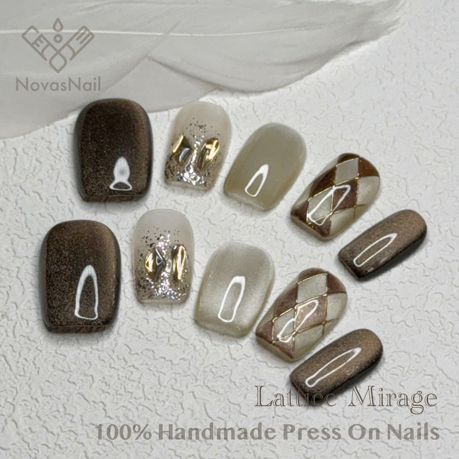 Lattice Mirage Cat Eye Press-On Nails | Duan Fang Square Shape | Handmade
