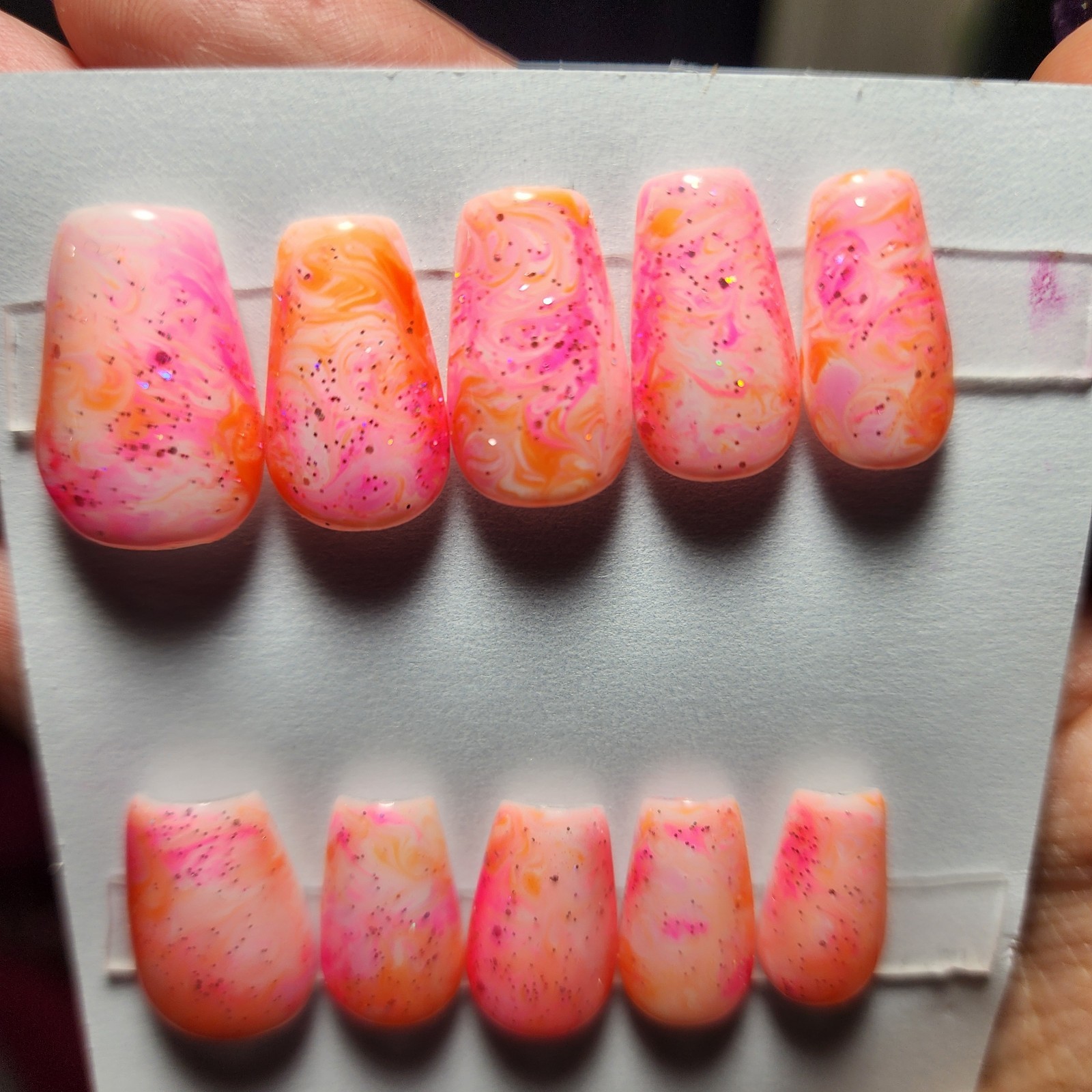 Summer Pink And Orange Glitter Swirl Medium Size Short Coffin Press On Nails