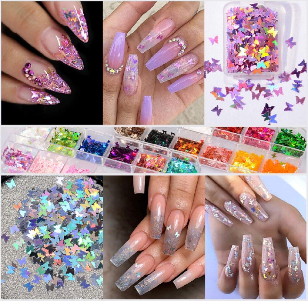 3D Laser Butterfly Nail Sequins – Colorful Glitter Foil Flakes Art Decoration Se