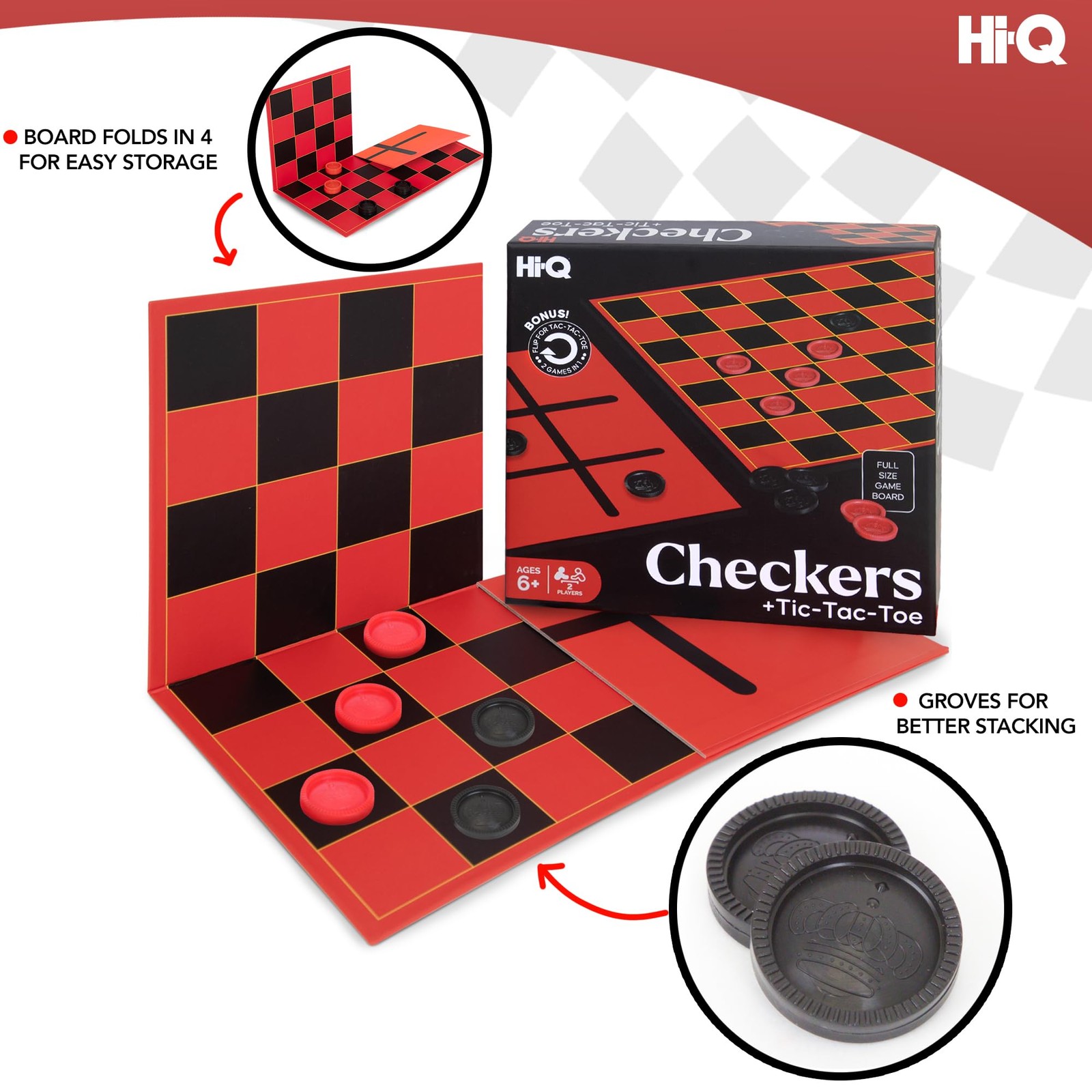 HI-Q Checkers & Tic-Tac-Toe Board Game Set – Classic One Size, Black Red