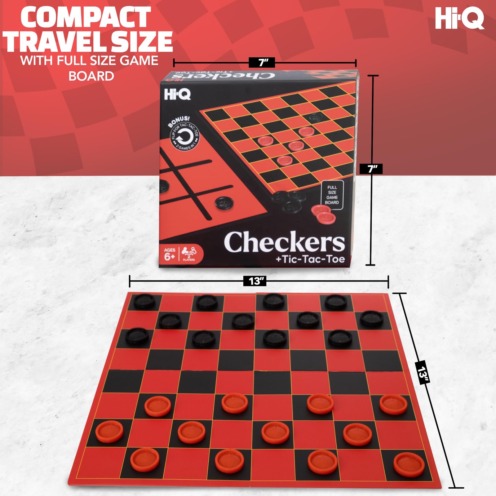 HI-Q Checkers & Tic-Tac-Toe Board Game Set – Classic One Size, Black Red