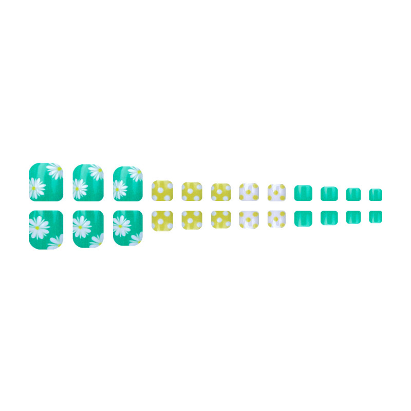 48pcs Short Square Press on Toe Nails, Green Yellow Daisy Polka Dot Print Nails