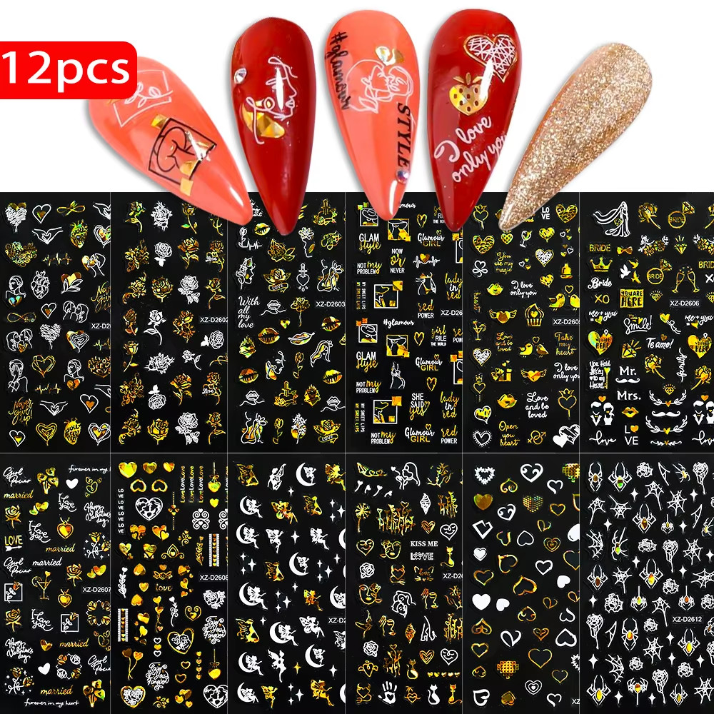 8Pc 3D Mixed Color Heart Nail Stickers Valentines’ Day Sweet Red Pink Love Selfa