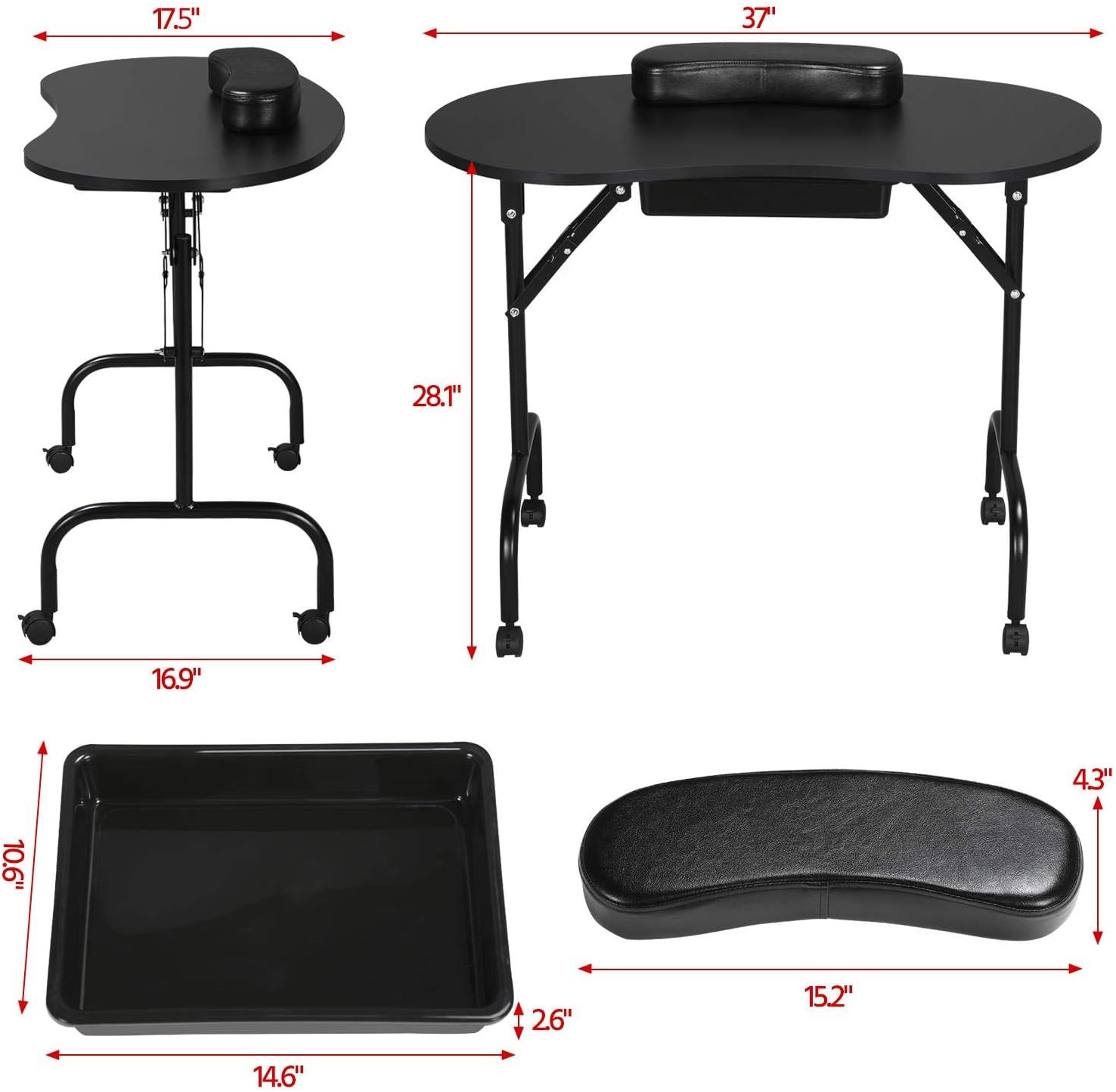 37″ Foldable Manicure Nail Table Portable with Wheels, Black | MDF Tabletop & Ir