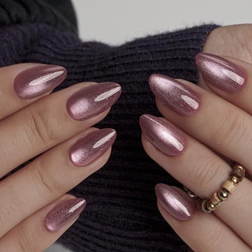 Press on Nails Short Almond Fake Acrylic Nails with Apricot Cat Eye Pink